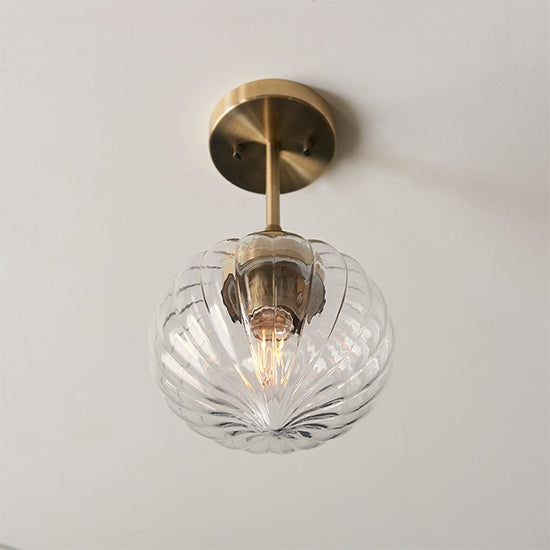 Addington Clear Ribbed Glass Shade Semi Flush Ceiling Light In Antique Brass