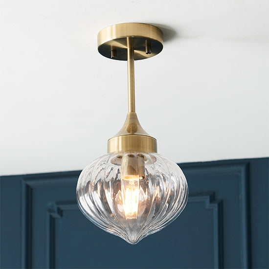 Addington Clear Ribbed Glass Shade Semi Flush Ceiling Light In Antique Brass