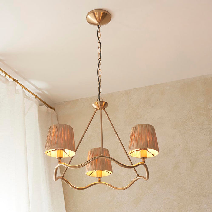 Wriggle 3 Lights Raffia Shade Ceiling Pendant Light In Brushed Aged Brass