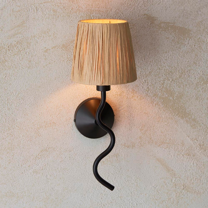 Wriggle Raffia Shade Wall Light In Matt Black