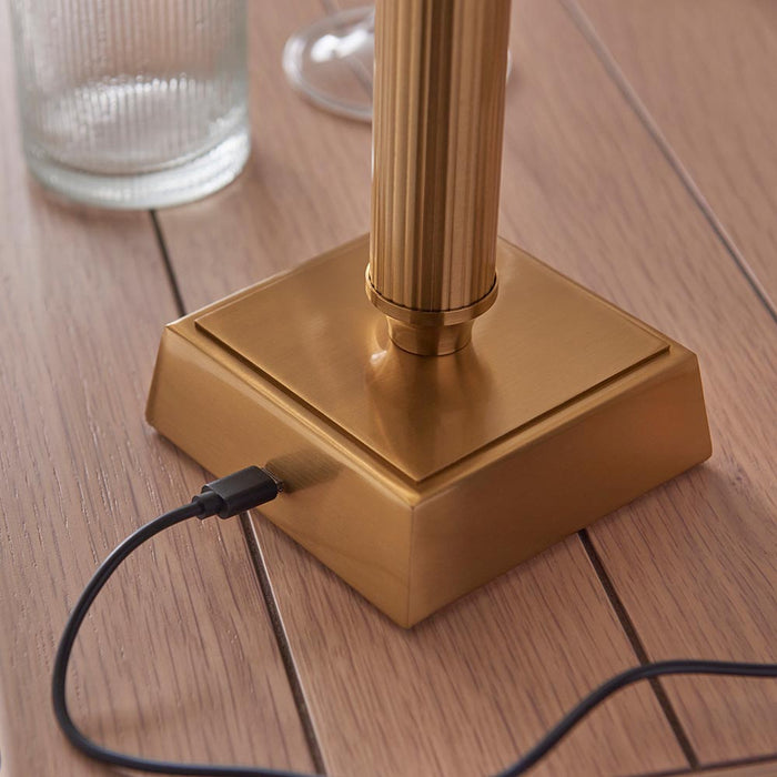 Trobridge Rechargeable And Ikat 16cm Pearl Grey Shade Table Lamp In Brushed Aged Brass