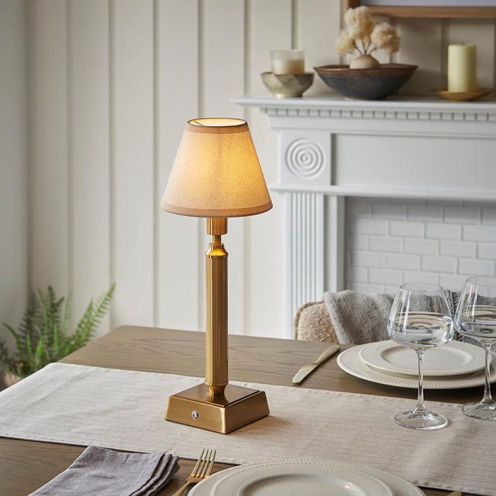 Trobridge Rechargeable And Ivy 16cm Vintage White Shade Table Lamp In Brushed Aged Brass