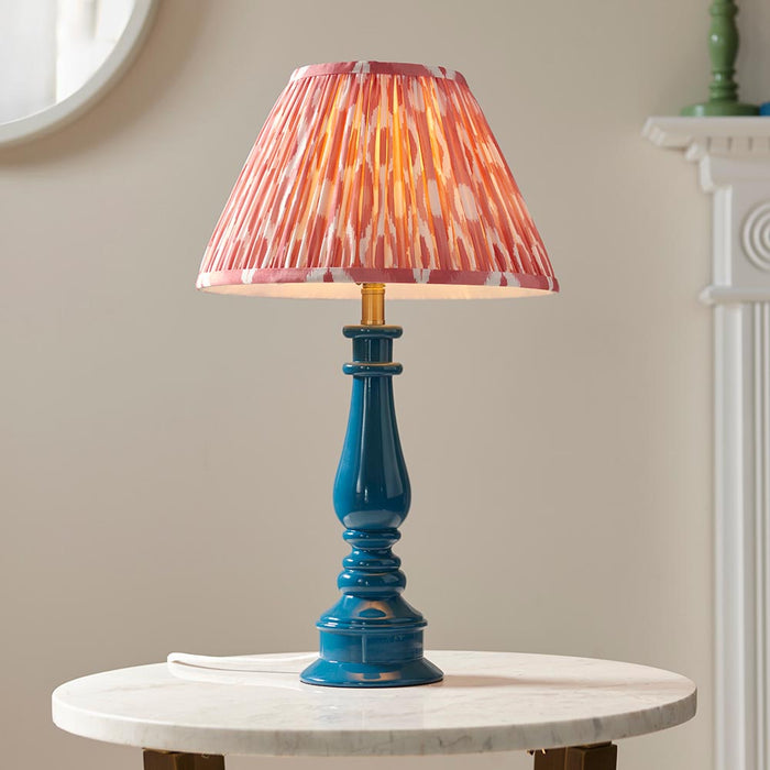 Myrtle And Ikat 30cm Coral Pink Shade Table Lamp With Gloss Marlin Blue Base