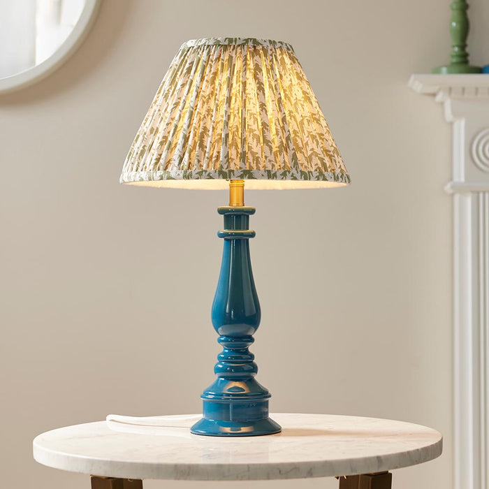 Myrtle And Leaf 30cm Herb Garden Green Shade Table Lamp With Gloss Marlin Blue Base