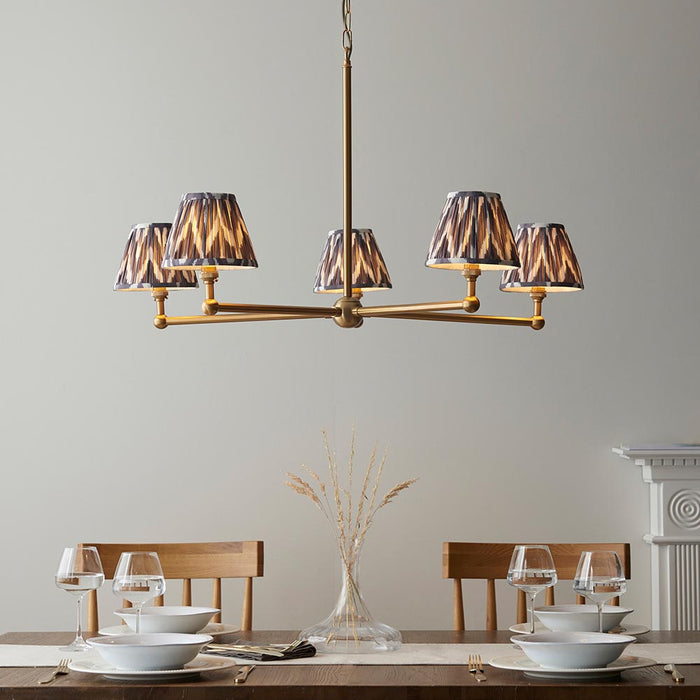 Santiago And Zigzag 5 Lights 16cm Pearl Grey Shade Ceiling Pendant Light In Brushed Aged Brass