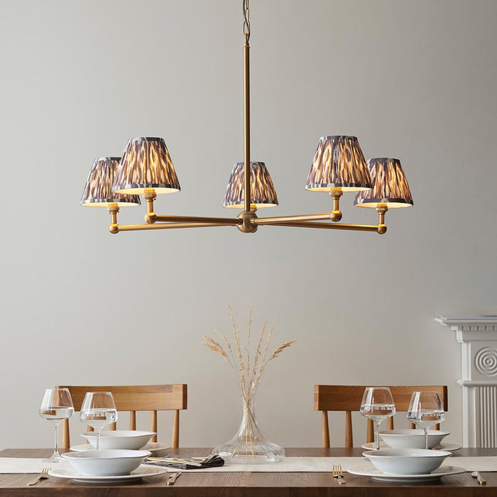 Santiago And Ikat 5 Lights 16cm Pearl Grey Shade Ceiling Pendant Light In Brushed Aged Brass