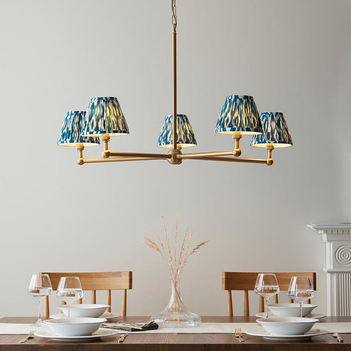 Santiago And Ikat 5 Lights 16cm Marlin Blue Shade Ceiling Pendant Light In Brushed Aged Brass