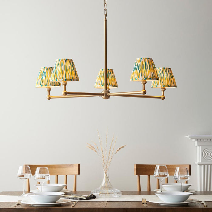 Santiago And Ikat 5 Lights 16cm Yellow And Jade Shade Ceiling Pendant Light In Brushed Aged Brass