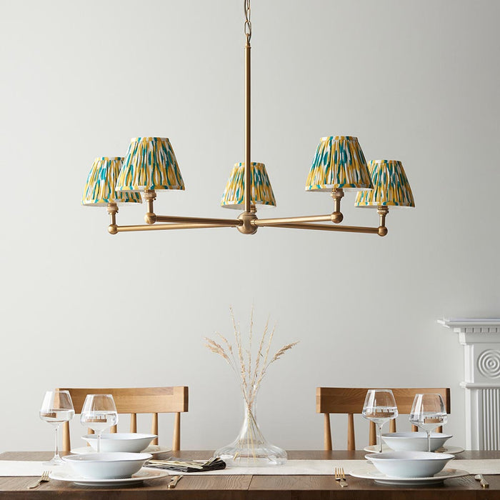 Santiago And Ikat 5 Lights 16cm Yellow And Jade Shade Ceiling Pendant Light In Brushed Aged Brass