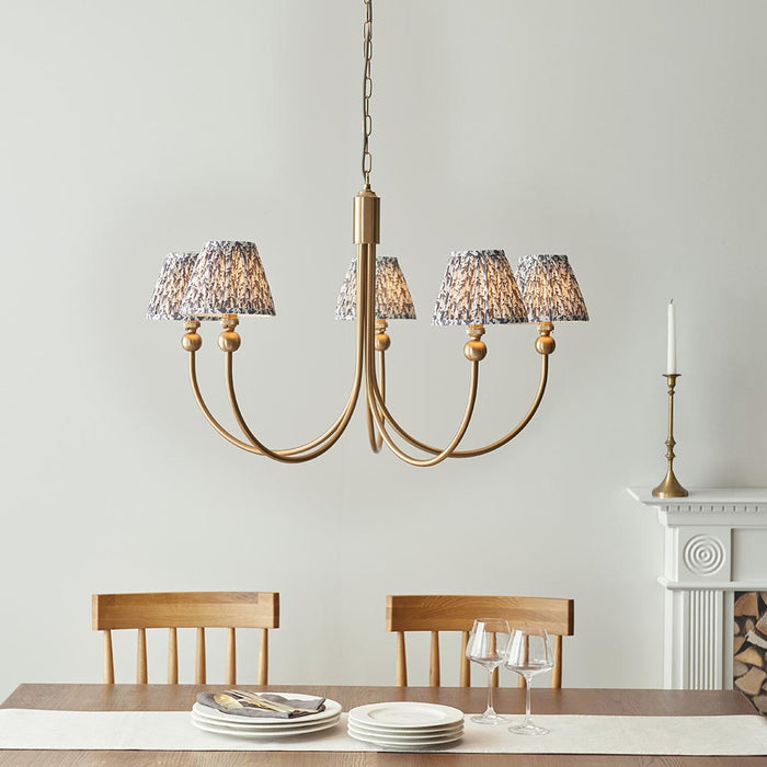 Santiago And Leaf 5 Lights 16cm Pearl Grey Shade Curved Ceiling Pendant Light In Brushed Aged Brass