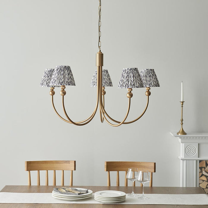 Santiago And Leaf 5 Lights 16cm Pearl Grey Shade Curved Ceiling Pendant Light In Brushed Aged Brass