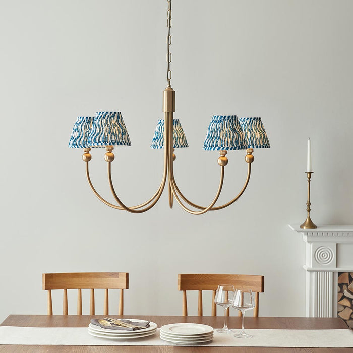 Santiago And Ripple 5 Lights 16cm Marlin Blue Shade Curved Ceiling Pendant Light In Brushed Aged Brass
