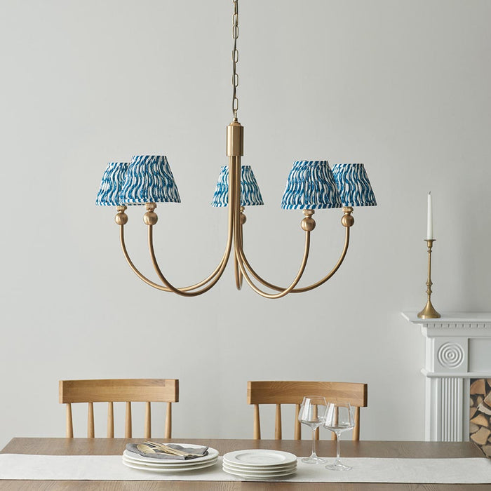 Santiago And Ripple 5 Lights 16cm Marlin Blue Shade Curved Ceiling Pendant Light In Brushed Aged Brass