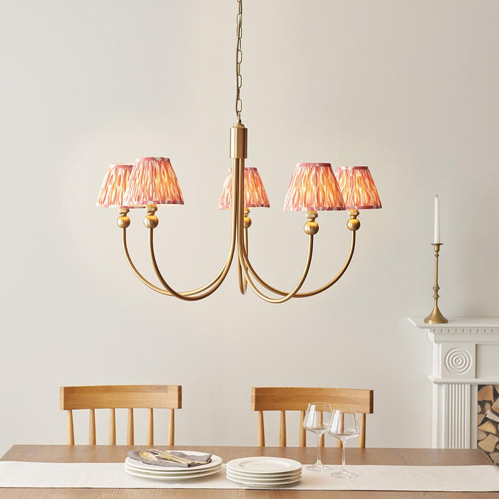 Santiago And Ikat 5 Lights 16cm Coral Pink Shade Curved Ceiling Pendant Light In Brushed Aged Brass