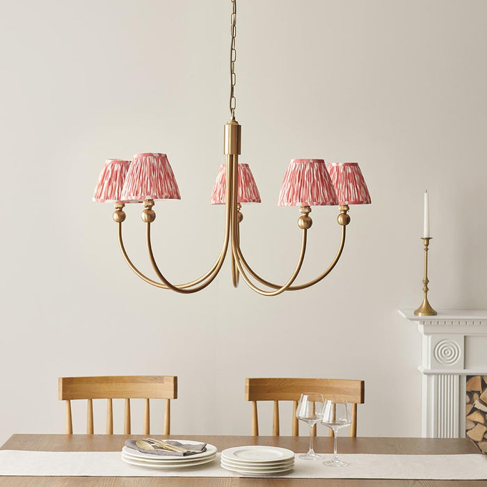 Santiago And Ikat 5 Lights 16cm Coral Pink Shade Curved Ceiling Pendant Light In Brushed Aged Brass