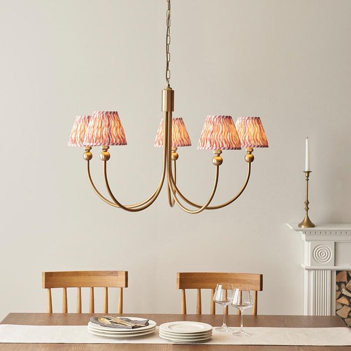 Santiago And Ripple 5 Lights 16cm Coral Pink Shade Curved Ceiling Pendant Light In Brushed Aged Brass