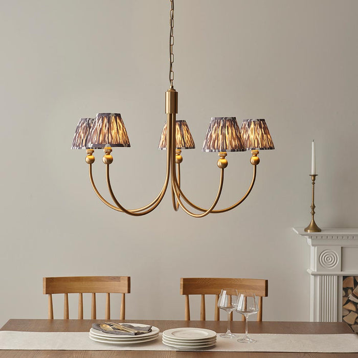 Santiago And Ikat 5 Lights 16cm Pearl Grey Shade Curved Ceiling Pendant Light In Brushed Aged Brass