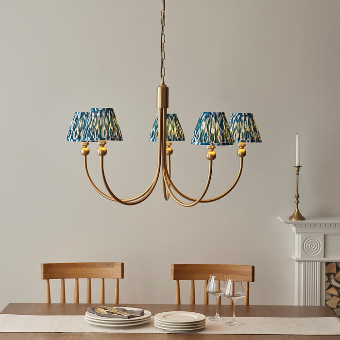 Santiago And Ikat 5 Lights 16cm Marlin Blue Shade Curved Ceiling Pendant Light In Brushed Aged Brass