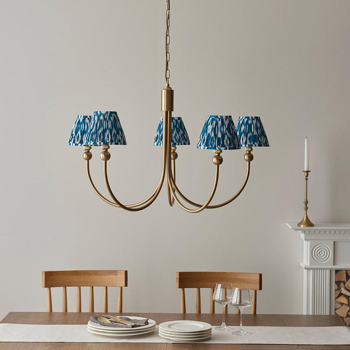 Santiago And Ikat 5 Lights 16cm Marlin Blue Shade Curved Ceiling Pendant Light In Brushed Aged Brass