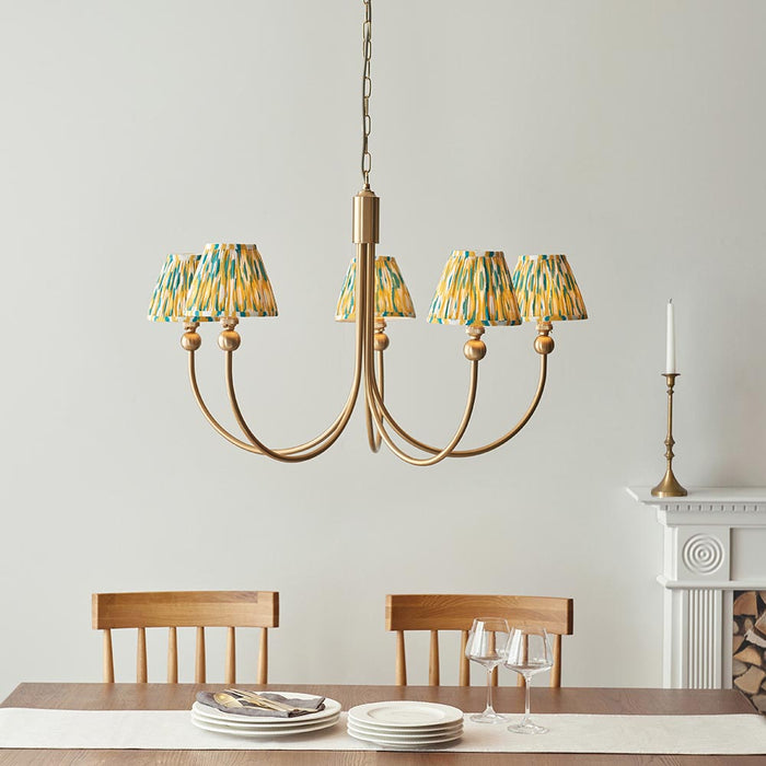 Santiago And Ikat 5 Lights 16cm Yellow And Jade Shade Curved Ceiling Pendant Light In Brushed Aged Brass