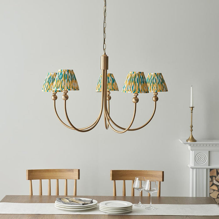 Santiago And Ikat 5 Lights 16cm Yellow And Jade Shade Curved Ceiling Pendant Light In Brushed Aged Brass