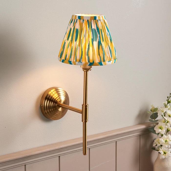 Obelisk T Bar And Ikat 16cm Yellow And Jade Shade Wall Light In Brushed Aged Brass