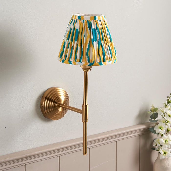Obelisk T Bar And Ikat 16cm Yellow And Jade Shade Wall Light In Brushed Aged Brass