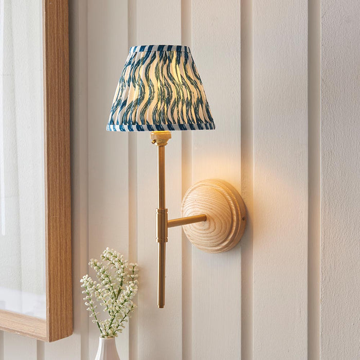 Wood T Bar And Ripple 16cm Marlin Blue Shade Wall Light In Brushed Aged Brass
