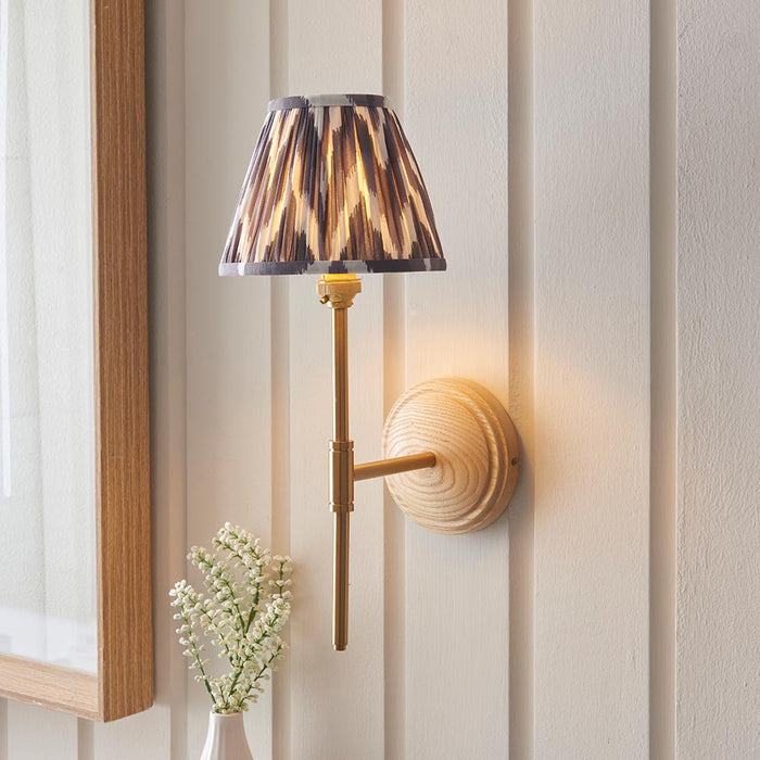 Wood T Bar And Zigzag 16cm Pearl Grey Shade Wall Light In Brushed Aged Brass