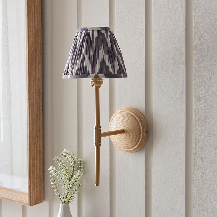 Wood T Bar And Zigzag 16cm Pearl Grey Shade Wall Light In Brushed Aged Brass
