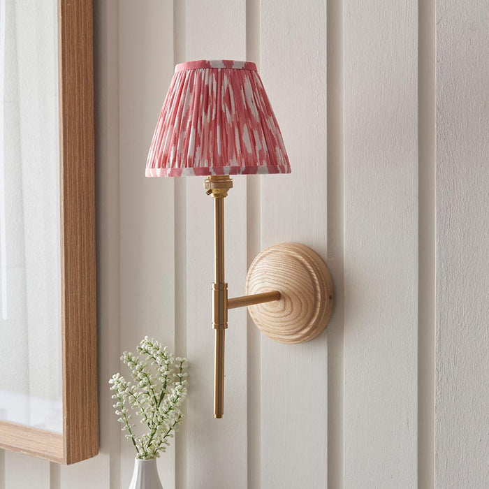 Wood T Bar And Ikat 16cm Coral Pink Shade Wall Light In Brushed Aged Brass