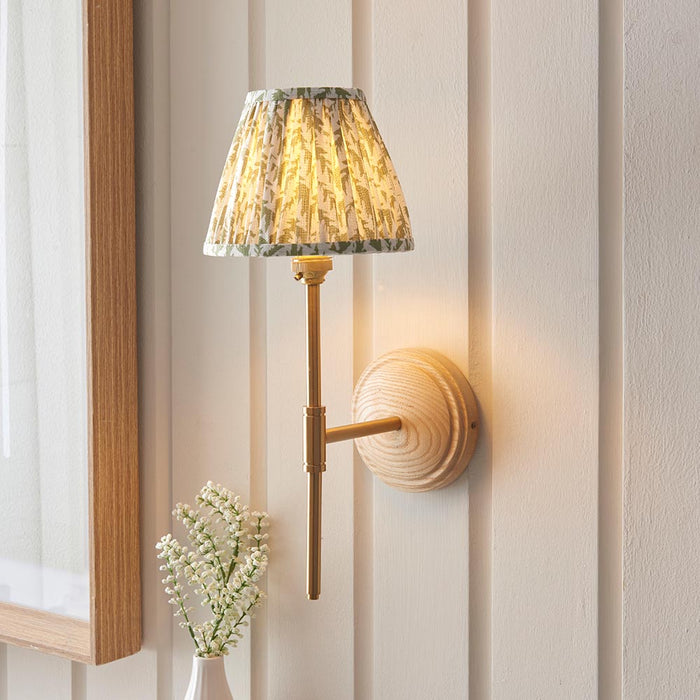 Wood T Bar And Leaf 16cm Herb Garden Green Shade Wall Light In Brushed Aged Brass