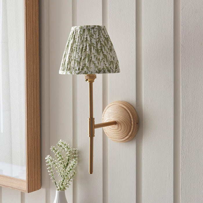 Wood T Bar And Leaf 16cm Herb Garden Green Shade Wall Light In Brushed Aged Brass
