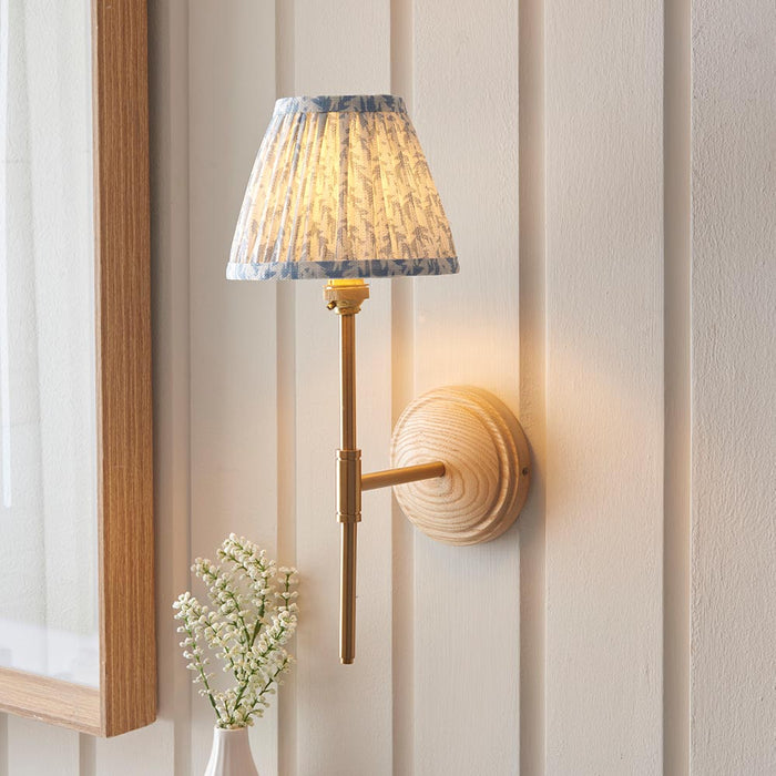 Wood T Bar And Leaf 16cm Shell Bay Blue Shade Wall Light In Brushed Aged Brass
