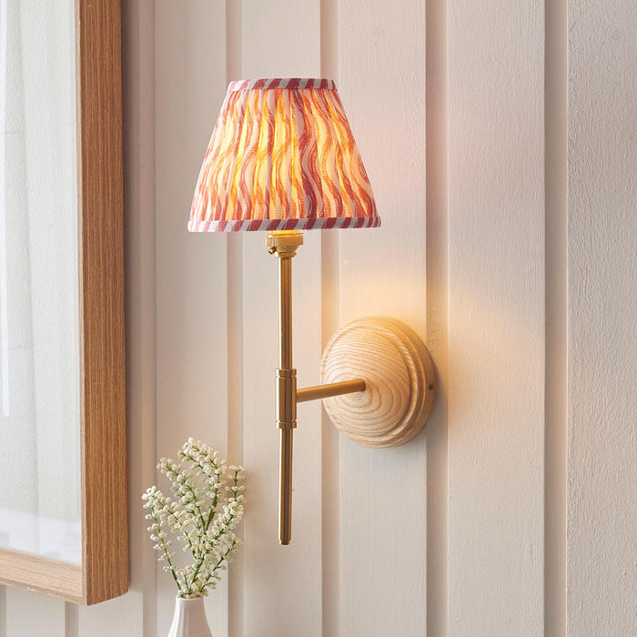 Wood T Bar And Ripple 16cm Coral Pink Shade Wall Light In Brushed Aged Brass
