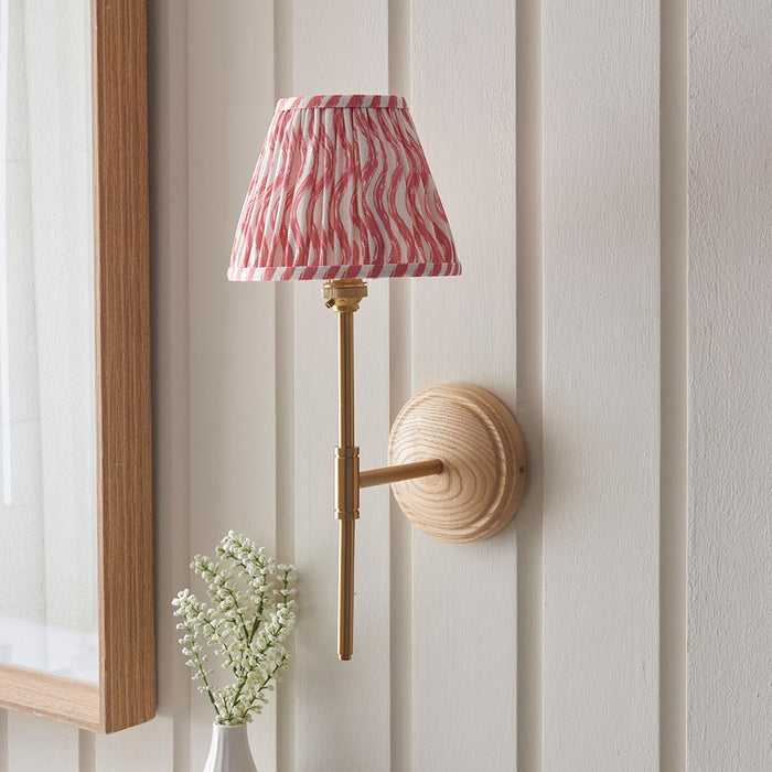 Wood T Bar And Ripple 16cm Coral Pink Shade Wall Light In Brushed Aged Brass