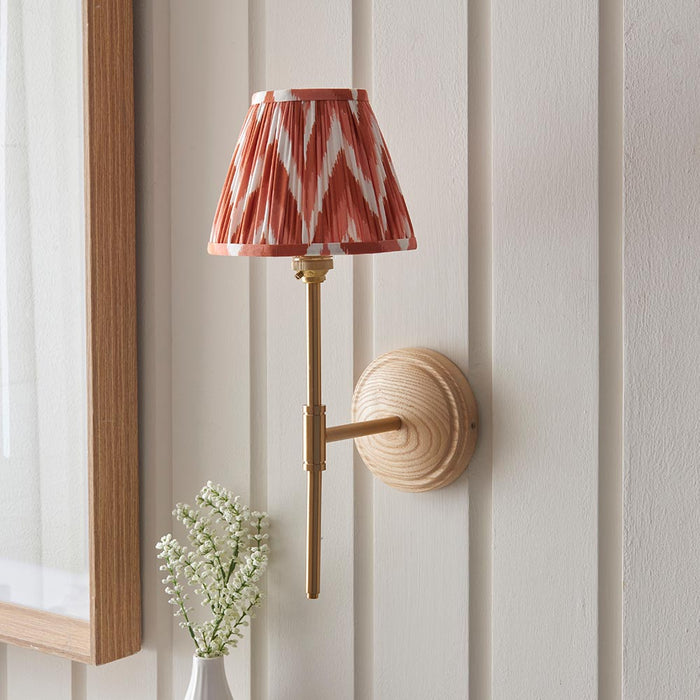 Wood T Bar And Zigzag 16cm Apricot Orange Shade Wall Light In Brushed Aged Brass