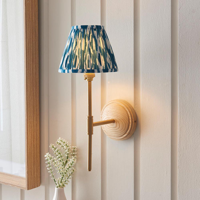 Wood T Bar And Ikat 16cm Marlin Blue Shade Wall Light In Brushed Aged Brass