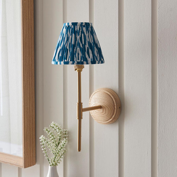 Wood T Bar And Ikat 16cm Marlin Blue Shade Wall Light In Brushed Aged Brass