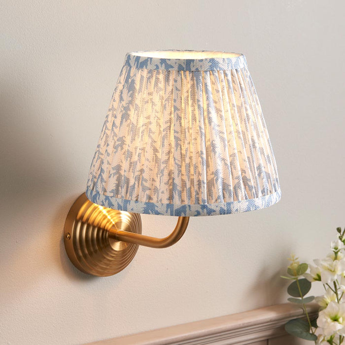 Obelisk Arc And Leaf 20cm Shell Bay Blue Shade Wall Light In Brushed Aged Brass