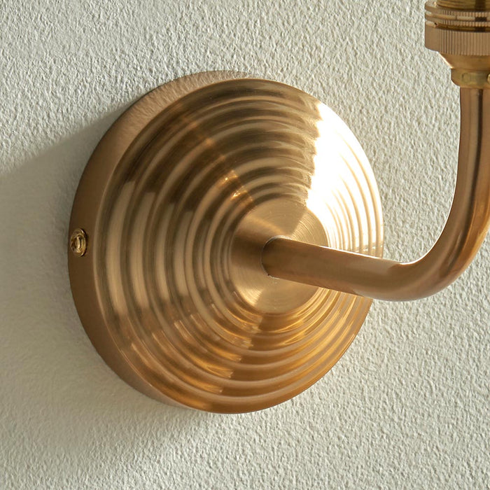 Obelisk Arc And Leaf 20cm Shell Bay Blue Shade Wall Light In Brushed Aged Brass