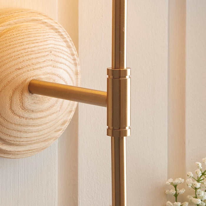 Wood T Bar And Ikat 20cm Coral Pink Shade Wall Light In Brushed Aged Brass