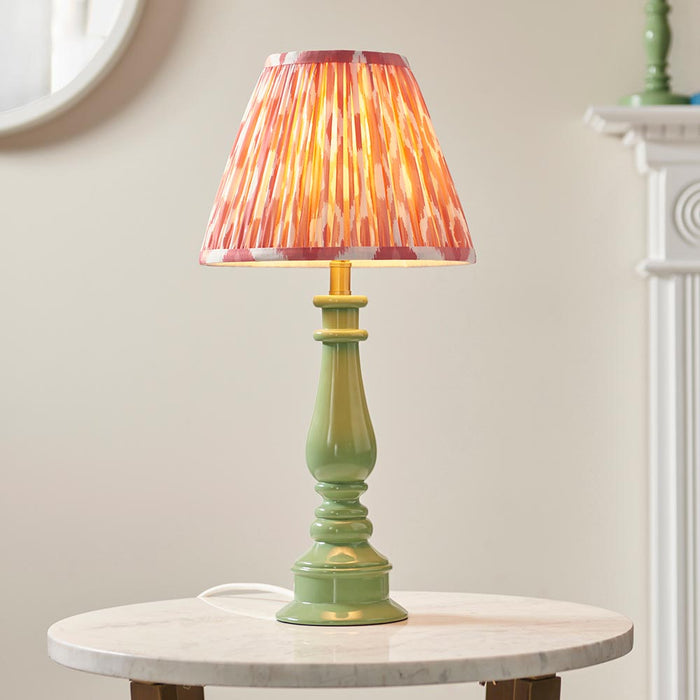 Myrtle And Ikat 25cm Coral Pink Shade Table Lamp With Gloss Cotswold Green Base