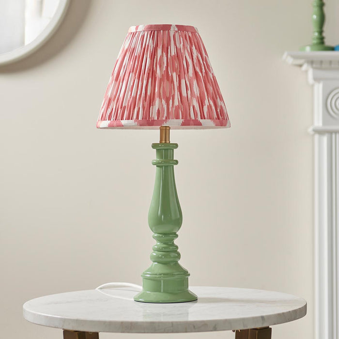 Myrtle And Ikat 25cm Coral Pink Shade Table Lamp With Gloss Cotswold Green Base