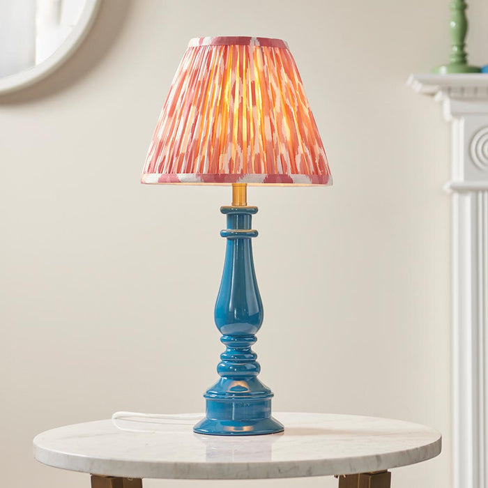 Myrtle And Ikat 25cm Coral Pink Shade Table Lamp With Gloss Marlin Blue Base