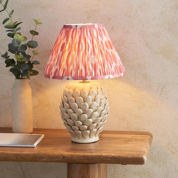 Layered Leaf And Ikat 30cm Coral Pink Shade Table Lamp With Round Ivory Ceramic Base