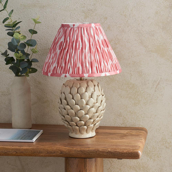 Layered Leaf And Ikat 30cm Coral Pink Shade Table Lamp With Round Ivory Ceramic Base