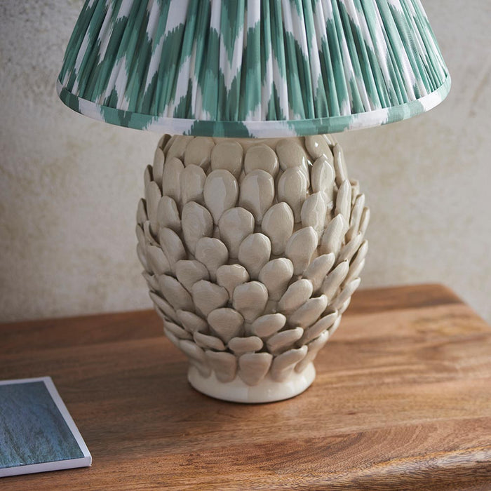 Layered Leaf And Zigzag 30cm Cotswold Green Shade Table Lamp With Round Ivory Ceramic Base