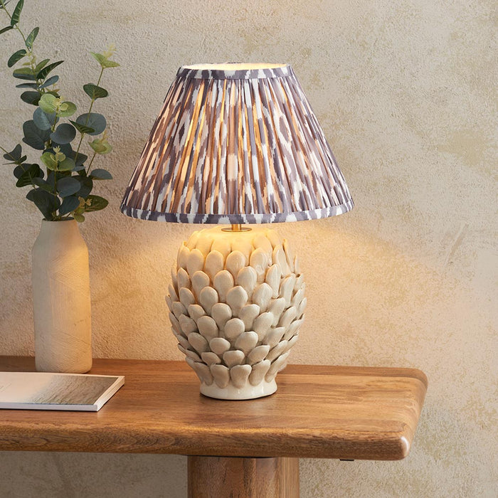 Layered Leaf And Ikat 30cm Pearl Grey Shade Table Lamp With Round Ivory Ceramic Base