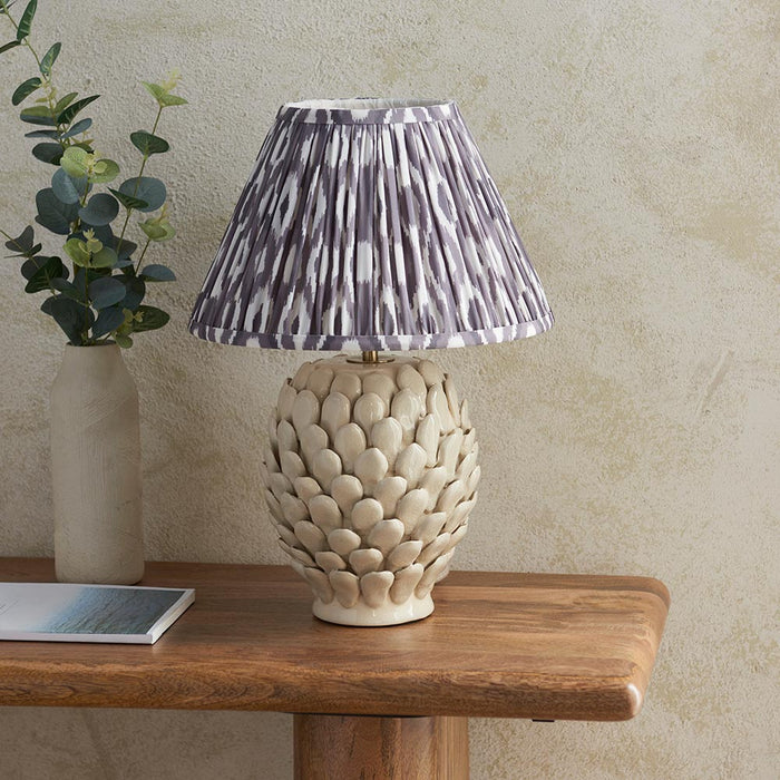 Layered Leaf And Ikat 30cm Pearl Grey Shade Table Lamp With Round Ivory Ceramic Base